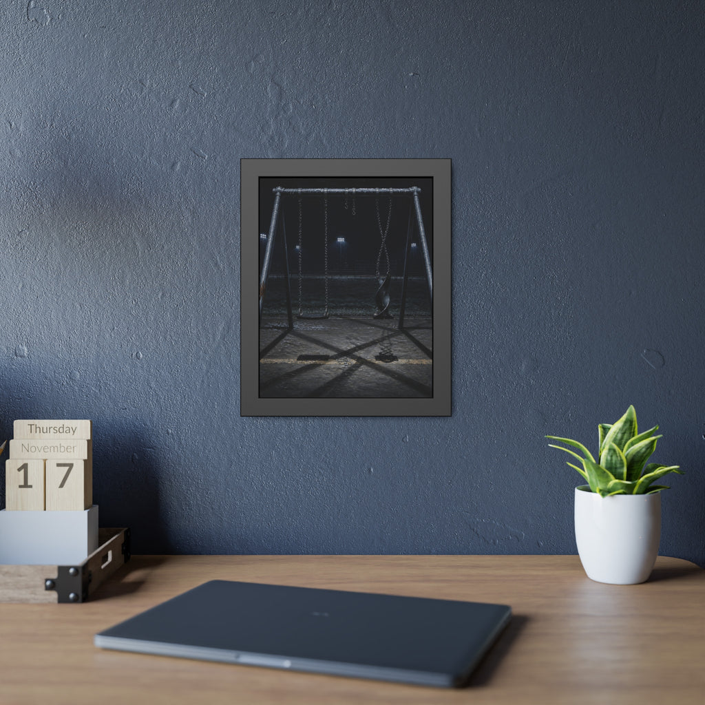 An empty swing set at night with one seat twisted up on its chains. The First Hour: The Twisted Seat by Garabaggio, framed fine art print hanging in a room.