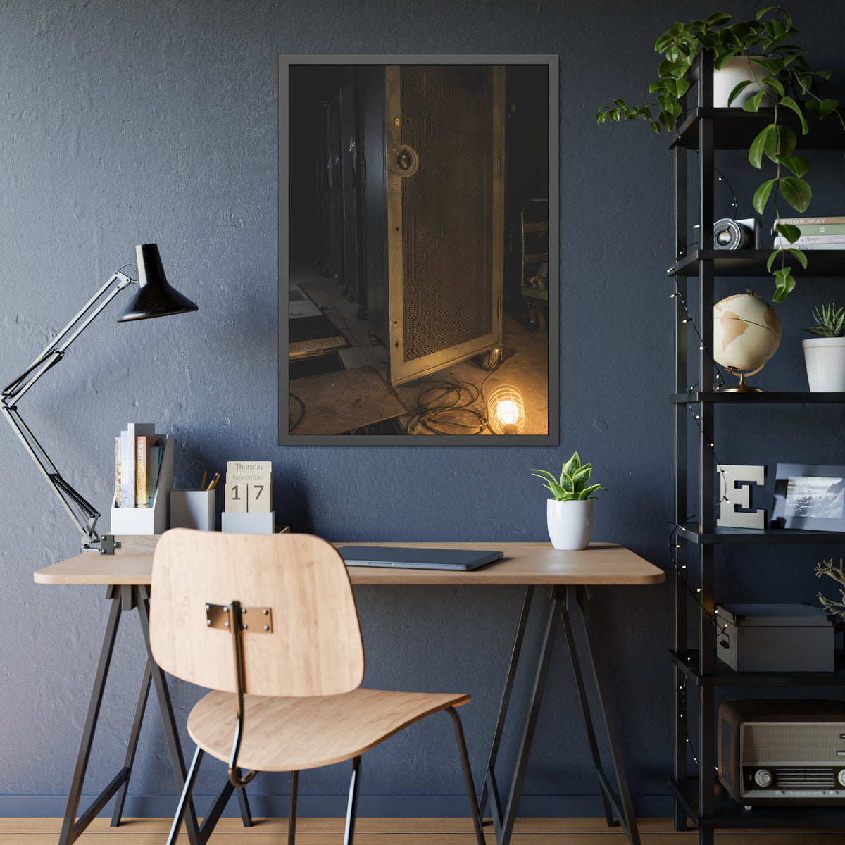 A perforated server rack door in a dark aisle lit by a floor work lamp. The Cold Aisle by Garabaggio, framed fine art print hanging in a room.