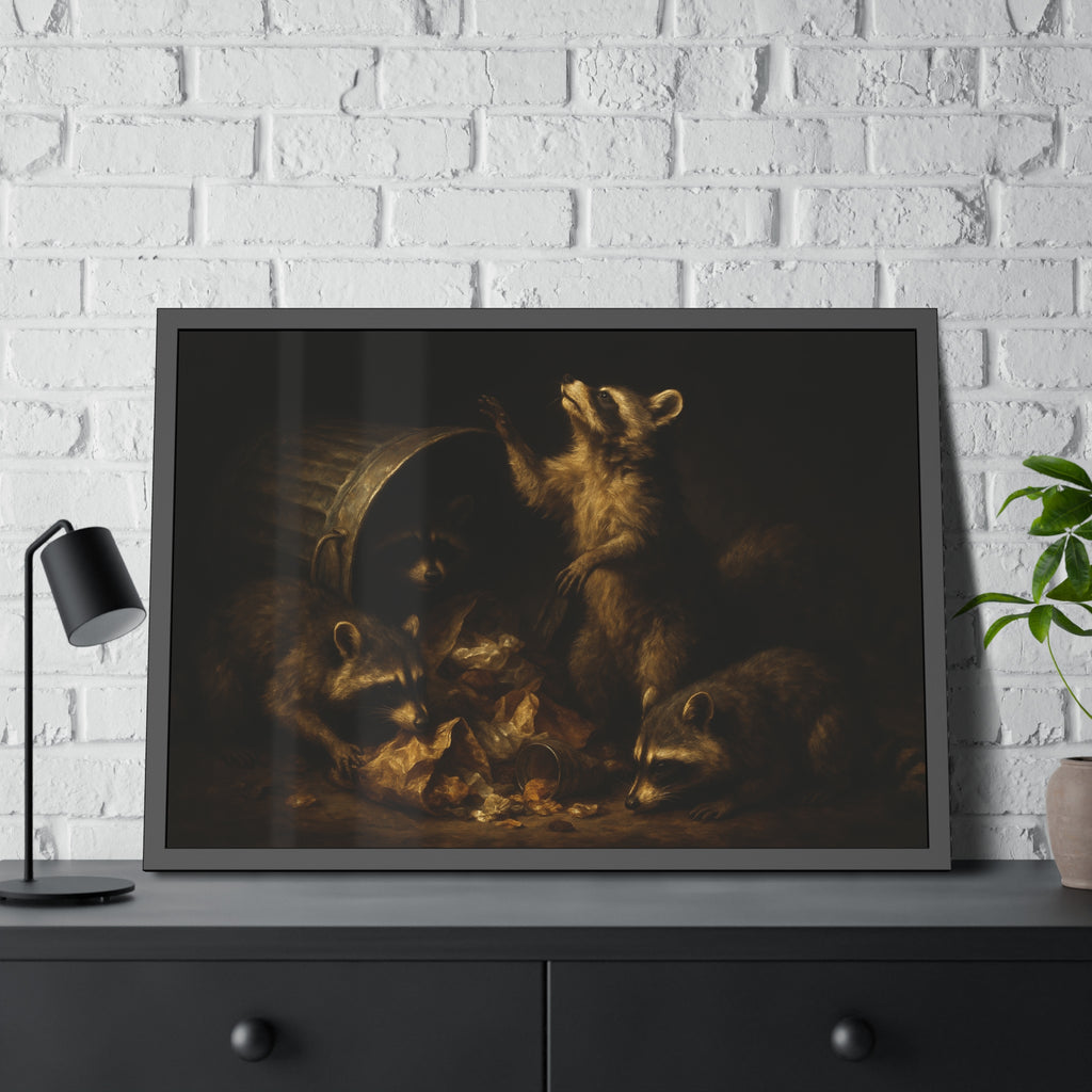 Raccoons around a fallen trash can, one rearing up with a raised paw. The Supper of Shadows by Garabaggio, framed fine art print hanging in a room.