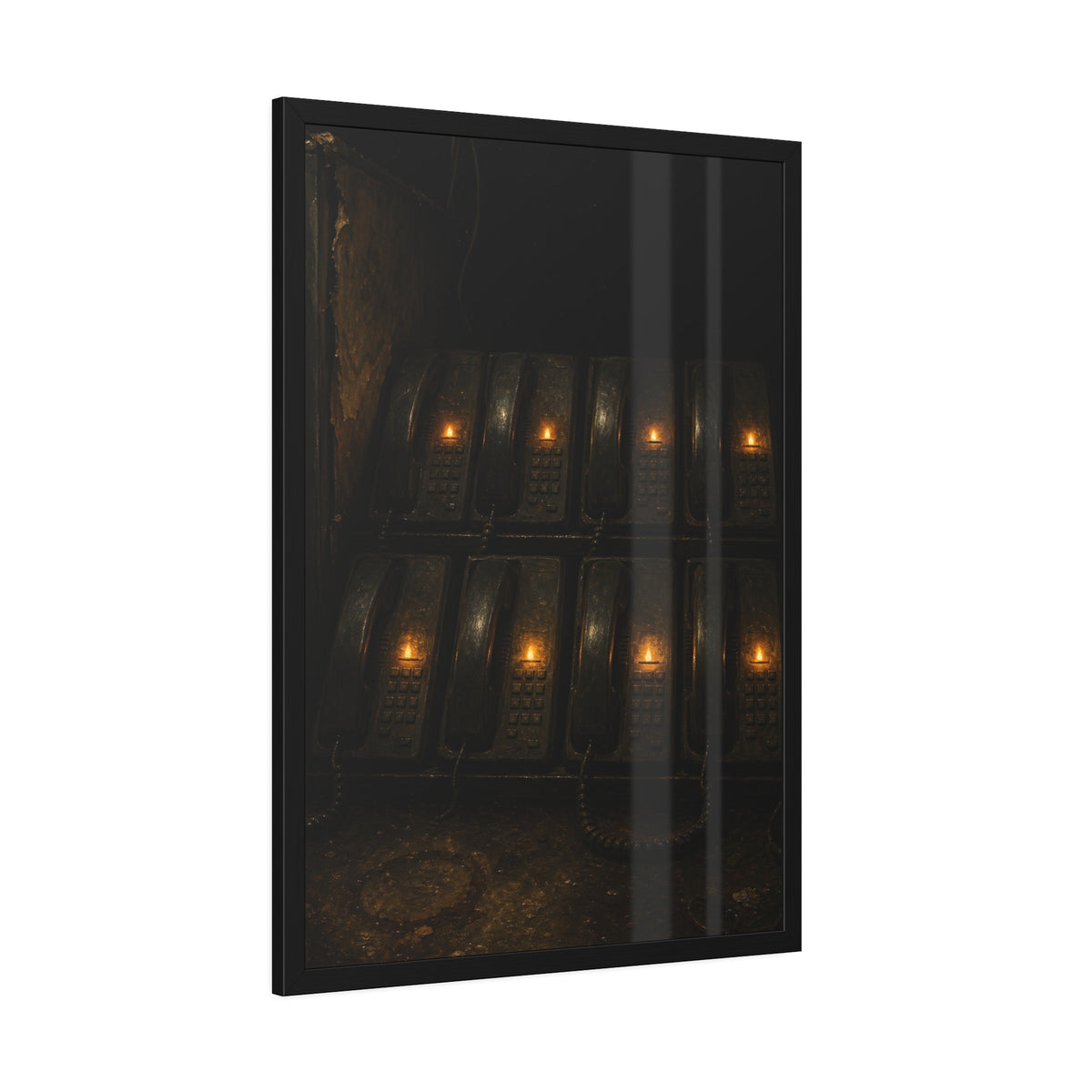 Rows of wall phones, each keypad lit by a small amber flame. The Votive Lights of the Hold Queue by Garabaggio, framed fine art print hanging in a room.