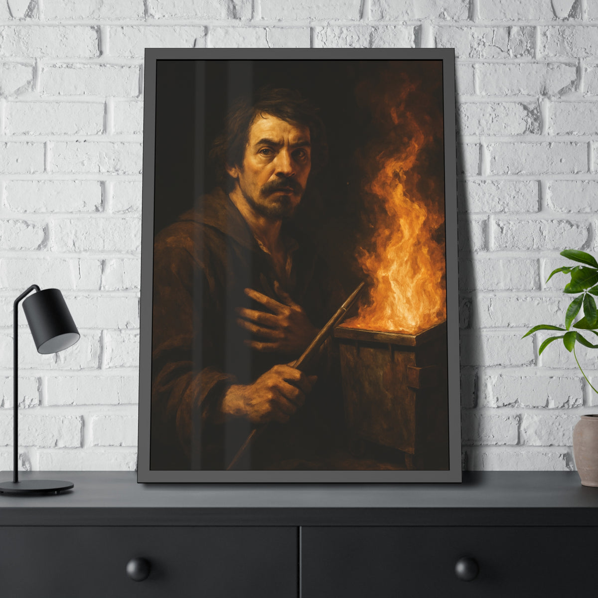 Man holding a long wooden stick, hand on chest, before a burning bin. Self-Portrait with Mahlstick by Garabaggio, framed fine art print hanging in a room.