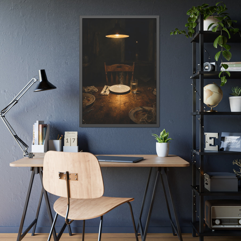 A clean plate and empty chair under a hanging lamp at a used dinner table. The Empty Seat at Dinner by Garabaggio, framed fine art print hanging in a room.
