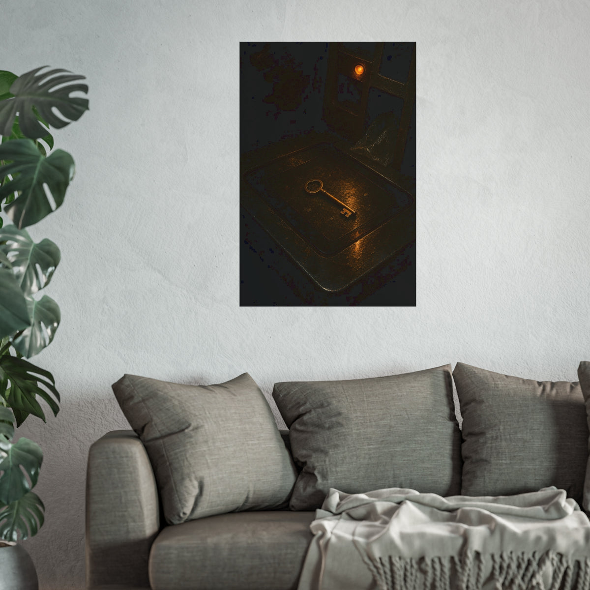 A brass key on the metal bagging shelf of a checkout. The Unexpected Item in the Bagging Area by Garabaggio, fine art print hanging in a room.