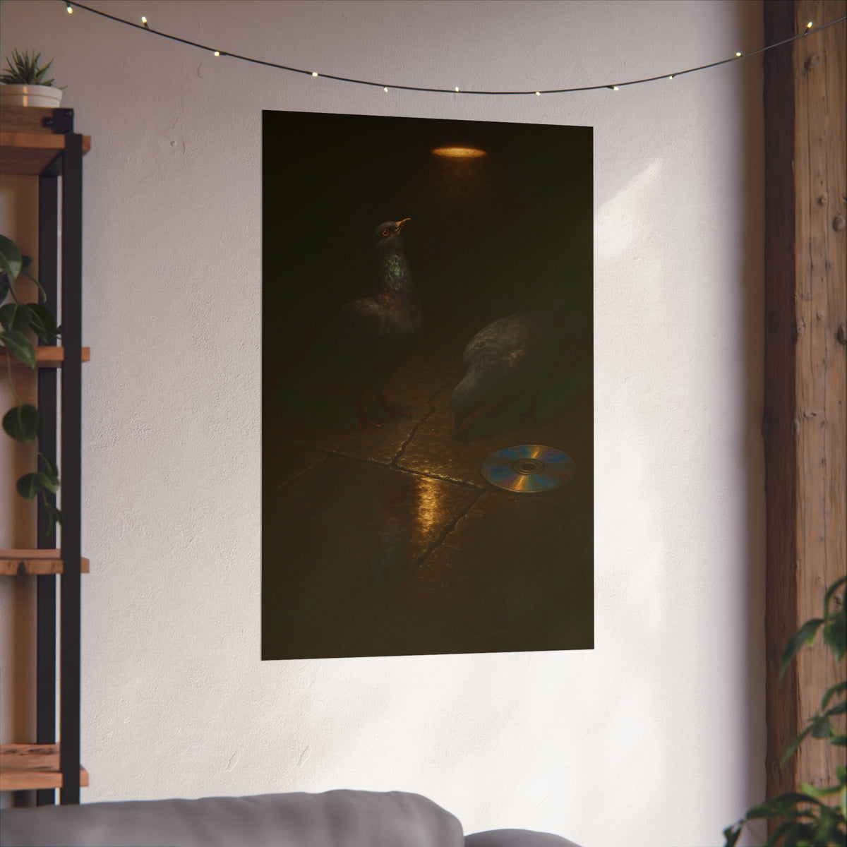 Two pigeons on wet paving stones beside a disc catching the lamplight. The Vigil on Wet Pavement by Garabaggio, fine art print hanging in a room.