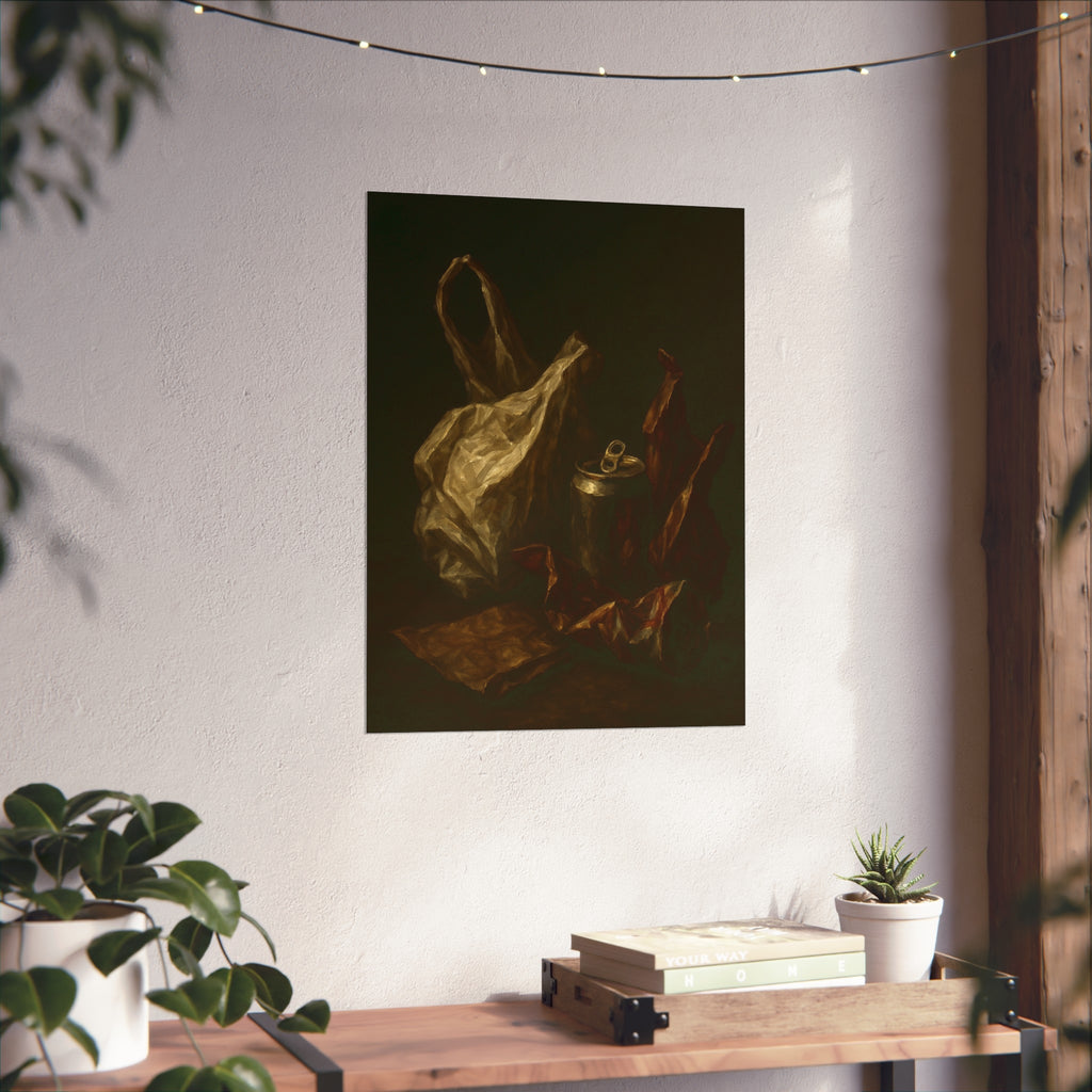 A crumpled plastic bag, crushed can and foil wrappers on a dark table. The Pietà of the Deflated by Garabaggio, fine art print hanging in a room.