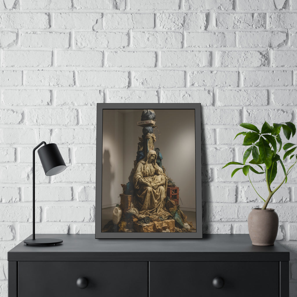 Seated hooded figure cradling a bundle on a mound of bagged refuse. Pietà of the Curbside by Garabaggio, framed fine art print hanging in a room.