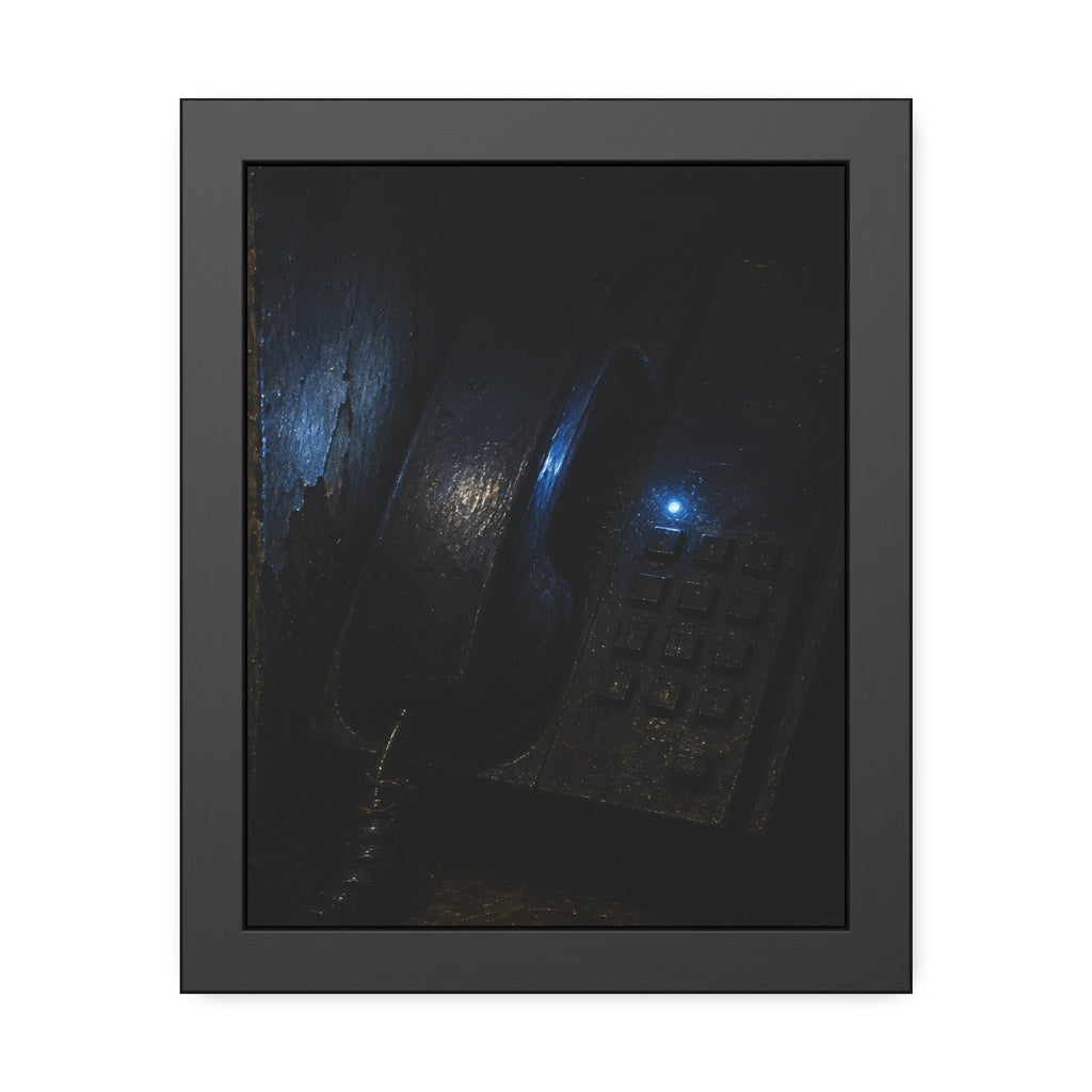 A grimy wall telephone in darkness with one small blue indicator light. The Night Queue by Garabaggio, framed fine art print, 11″ x 14″.