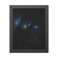 A grimy wall telephone in darkness with one small blue indicator light. The Night Queue by Garabaggio, framed fine art print, 11″ x 14″.