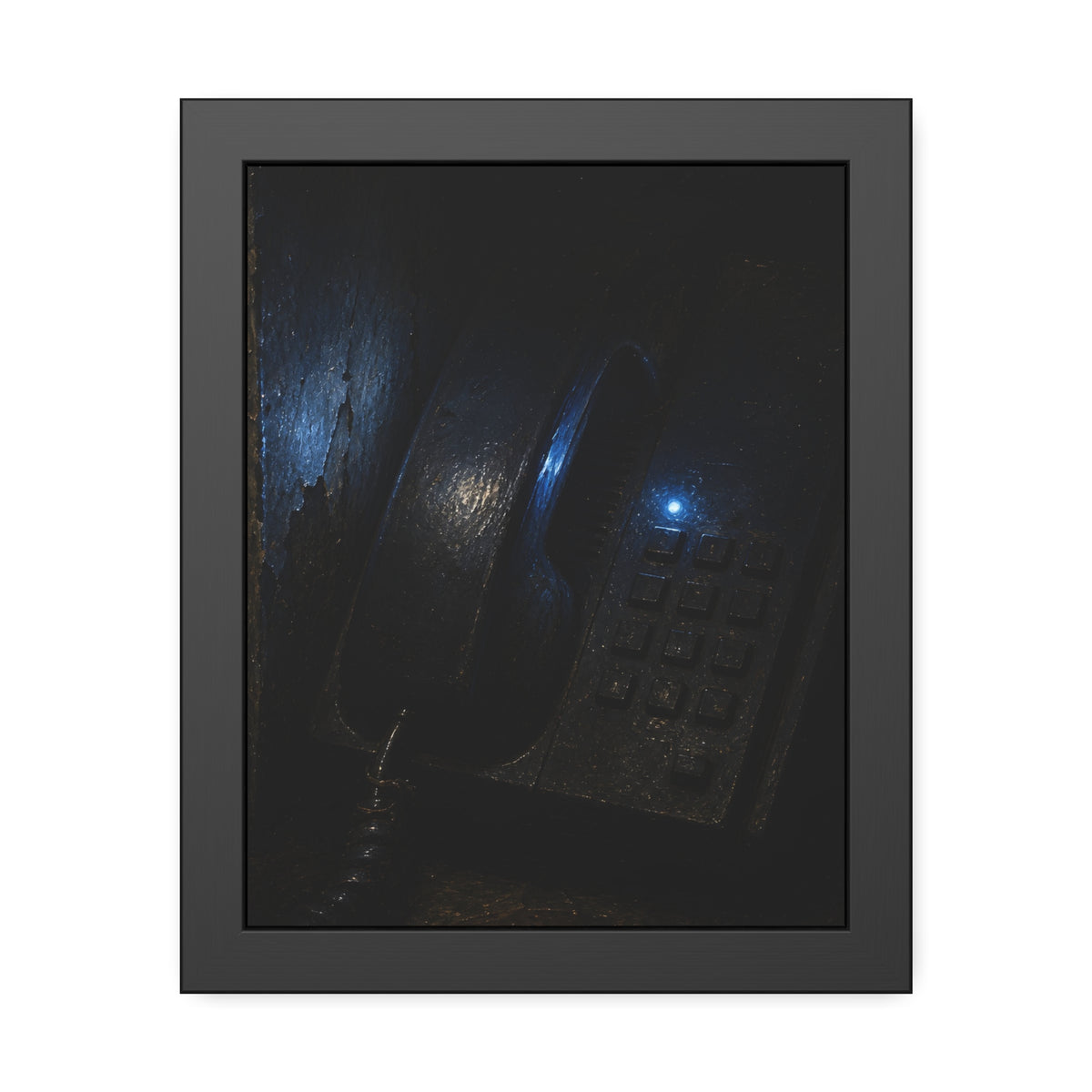 A grimy wall telephone in darkness with one small blue indicator light. The Night Queue by Garabaggio, framed fine art print, 11″ x 14″.