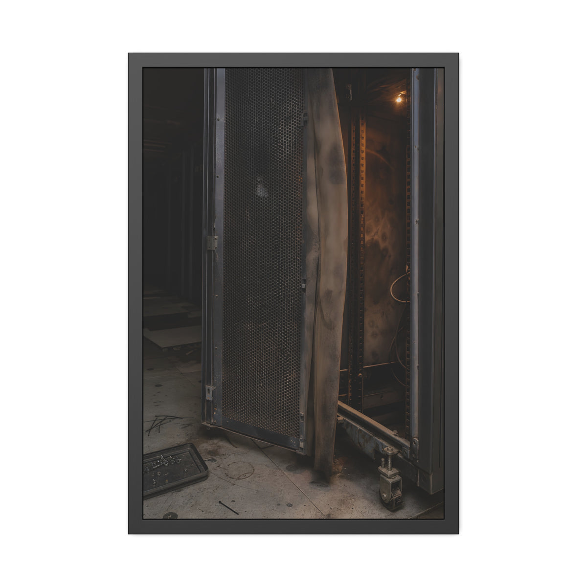 An open server rack cabinet with a mesh door and warm glow inside. The Heat Behind the Doors by Garabaggio, framed fine art print, 24″ x 36″.