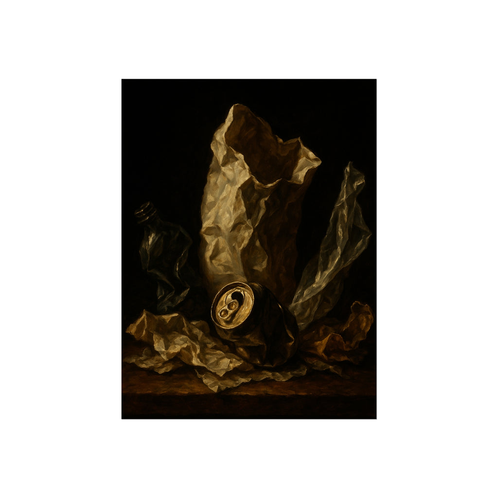 A crushed paper bag, dented can and flattened bottle on a dark table. Vanitas with Crumpled Bag by Garabaggio, fine art print hanging in a room.