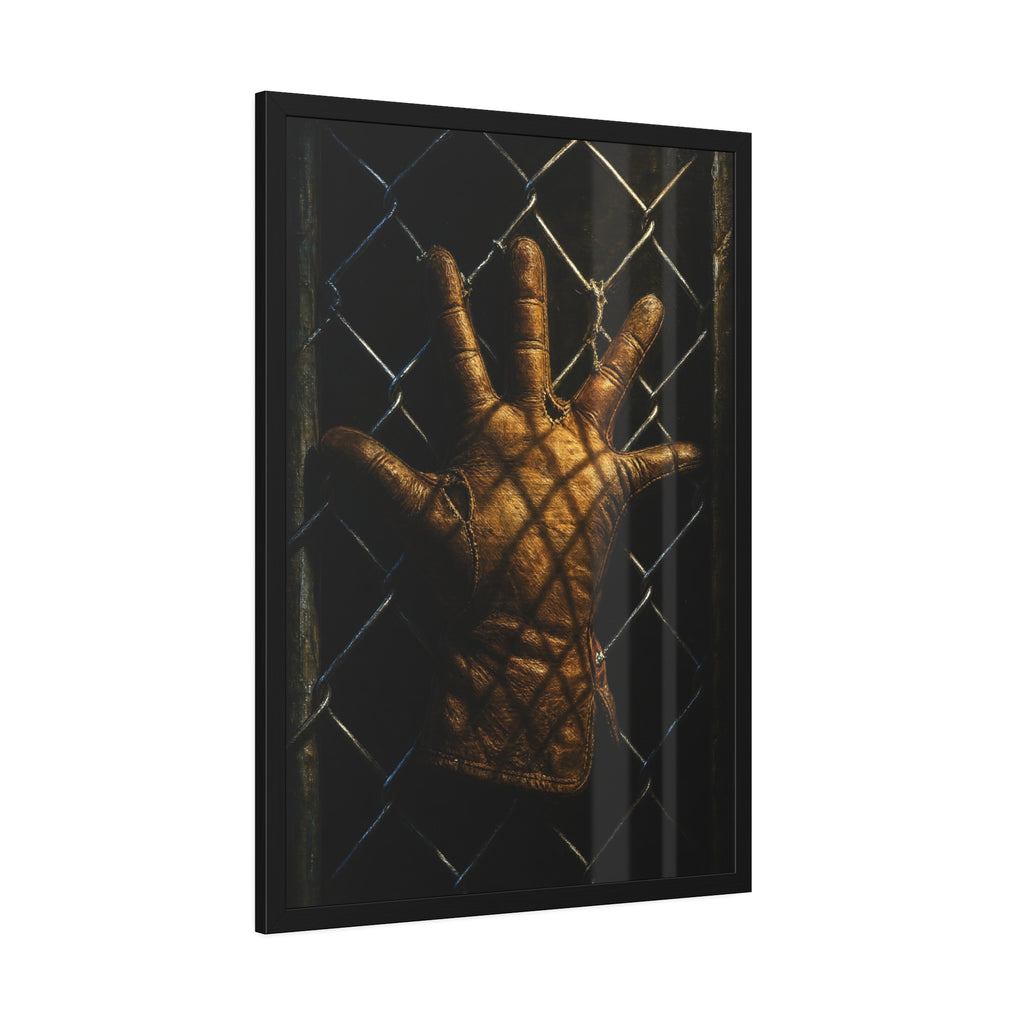 A leather work glove splayed palm out against chain-link wire. The Crucifixion on Chain-Link (Framed) by Garabaggio, framed fine art print hanging in a room.
