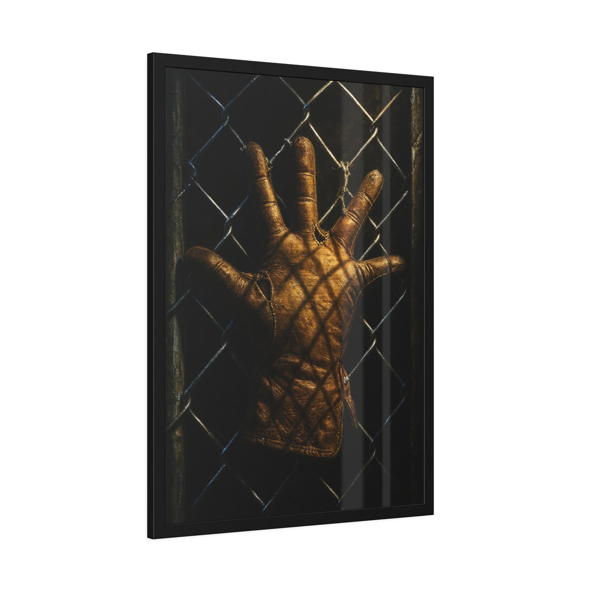 A leather work glove splayed palm out against chain-link wire. The Crucifixion on Chain-Link (Framed) by Garabaggio, framed fine art print hanging in a room.