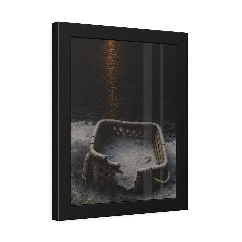 A cracked laundry basket half buried in snow under a distant lamp. The First Snow by Garabaggio, framed fine art print hanging in a room.