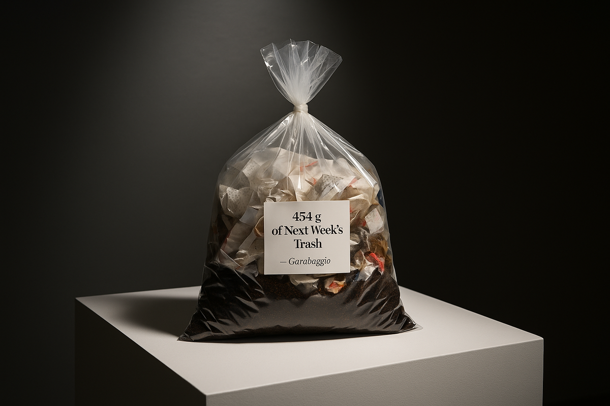 A tied clear bag of household trash on a white gallery pedestal. 454 g of Next Week’s Trash by Garabaggio, fine art print hanging in a room.